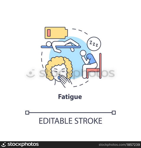 Fatigue concept icon. Fluid and electrolytes loss can cause fatigue. Low energy and weakness. Dehydration abstract idea thin line illustration. Vector isolated outline color drawing. Editable stroke. Fatigue concept icon