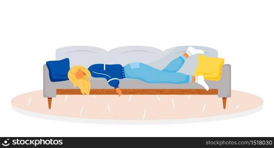 Fatigue flat color vector faceless character. Tired woman lying on couch. Tired adult, overworked female. Lady taking nap. Asleep, exhausted person. Symptoms of disease isolated cartoon illustration