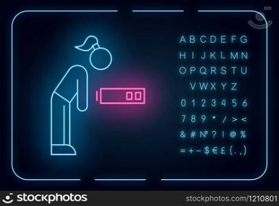 Fatigue neon light icon. Tired girl. Overworked woman. Exhausted person. Overwhelmed workaholic. Lethargy, weakness. Glowing sign with alphabet, numbers and symbols. Vector isolated illustration