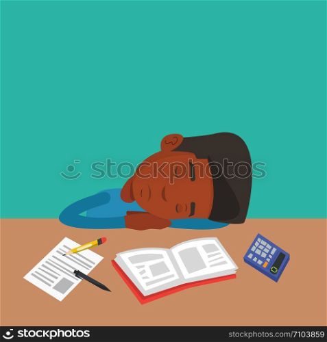 Fatigued african-american student sleeping at the desk with books. Tired student sleeping after learning. Young man sleeping among books at the table. Vector flat design illustration. Square layout.. Male student sleeping at the desk with book.