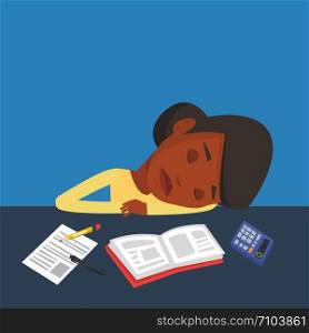 Fatigued african-american student sleeping at the desk with books. Tired student sleeping after learning. Young woman sleeping among books at the table. Vector flat design illustration. Square layout.. Female student sleeping at the desk with book.
