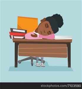 Fatigued african-american student sleeping on the desk with books. Young tired student sleeping after learning on the table among books. Education concept. Vector cartoon illustration. Square layout.. African student sleeping on the desk with books.