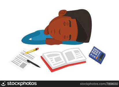 Fatigued african student sleeping at the desk with books. Tired student sleeping after learning. Man sleeping among books at the table. Vector flat design illustration isolated on white background.. Male student sleeping at the desk with book.