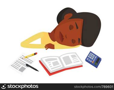 Fatigued african student sleeping at the desk with books. Tired student sleeping after learning. Woman sleeping among books at the table. Vector flat design illustration isolated on white background.. Student sleeping at the desk with book.