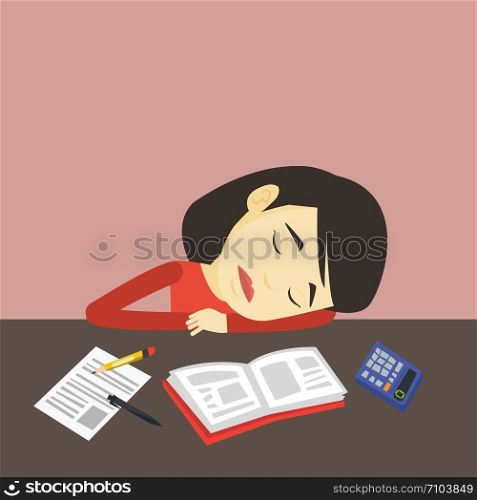 Fatigued asian student sleeping at the desk with books. Tired student sleeping after learning. Young woman sleeping among books at the table. Vector flat design illustration. Square layout.. Student sleeping at the desk with book.