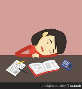 Fatigued asian student sleeping at the desk with books. Tired student sleeping after learning. Young woman sleeping among books at the table. Vector flat design illustration. Square layout.. Student sleeping at the desk with book.