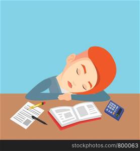 Fatigued caucasian student sleeping at the desk with books. Tired female student sleeping after learning. Young woman sleeping among books at the table. Vector flat design illustration. Square layout.. Female student sleeping at the desk with book.