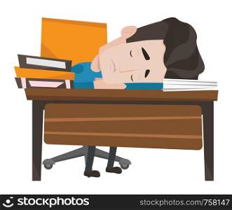 Fatigued caucasian student sleeping at the desk with books. Tired student sleeping after learning. Man sleeping among books at the table. Vector flat design illustration isolated on white background.. Male student sleeping at the desk with book.