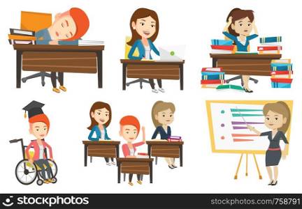 Fatigued student sleeping at the desk with books. Tired girl sleeping after learning. Girl sleeping among the books at the table. Set of vector flat design illustrations isolated on white background.. Vector set of student and teachers characters.