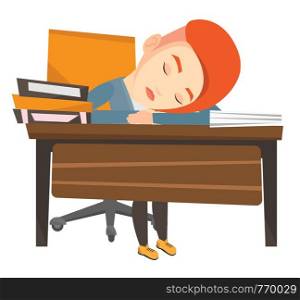 Fatigued student sleeping at the desk with books. Tired student sleeping after learning. Girl sleeping among the books at the table. Vector flat design illustration isolated on white background.. Female student sleeping at the desk with book.