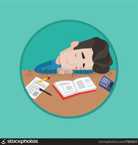 Fatigued student sleeping at the desk with books. Tired student sleeping after learning. Man sleeping among books at the table. Vector flat design illustration in the circle isolated on background.. Male student sleeping at the desk with book.