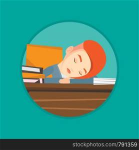 Fatigued student sleeping at the desk with books. Tired student sleeping after learning. Girl sleeping among the books at the table Vector flat design illustration in the circle isolated on background. Female student sleeping at the desk with book.