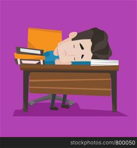Fatigued student sleeping at the desk with books. Tired student sleeping after learning. Man sleeping among the books at the table. Concept of education. Vector flat design illustration. Square layout. Male student sleeping at the desk with book.