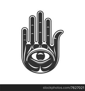 Fatima or Hamsa hand isolated Miriam Goddess symbol. Vector Jewish religion symbol, Mary hand with eye. Hamsa hand with eye isolated Jewish religion sign