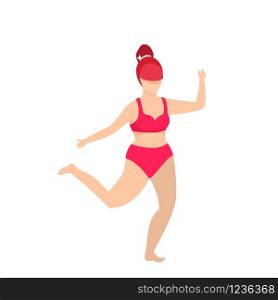 Fatty Woman in Red Swim Wear Running Jogging Isolated. Bodypositive Weight Loss Girl Exercising in Gym Training Workout Healthy Lifestyle. Sportswoman in Bikini Cartoon Flat Illustration, Icon. Fatty Woman in Red Swim Wear Running Jogging Beach