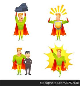 Favorite fictional children superhero cartoon character with protective shield radiating power icons set abstract isolated vector illustration. Superhero cartoon character power icons set