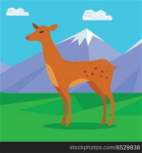 Fawn on Lawn in Mountains. Young Deer. Fawn on the lawn in the mountains. Junior verdant young brown spotted deer. Ruminant mammal. Little inexperienced fawn in its first year. Cartoon illustration. Herbivore creature. Vector illustration