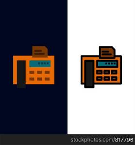 Fax, Phone, Typewriter, Fax Machine Icons. Flat and Line Filled Icon Set Vector Blue Background
