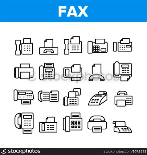 Fax Printer Collection Elements Icons Set Vector Thin Line. Fax Telephonic Office Equipment For Print Message And Document Concept Linear Pictograms. Monochrome Contour Illustrations. Fax Printer Collection Elements Icons Set Vector