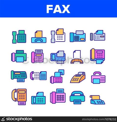 Fax Printer Collection Elements Icons Set Vector Thin Line. Fax Telephonic Office Equipment For Print Message And Document Concept Linear Pictograms. Color Contour Illustrations. Fax Printer Collection Elements Icons Set Vector