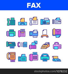 Fax Printer Collection Elements Icons Set Vector Thin Line. Fax Telephonic Office Equipment For Print Message And Document Concept Linear Pictograms. Color Contour Illustrations. Fax Printer Collection Elements Icons Set Vector