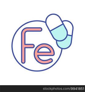 Fe vitamin RGB color icon. Multivitamin complex. Mineral in medicament. Pill, pharmaceutical treatment. Diet supplement for healthy eating. Dietary and nutritionology. Isolated vector illustration. Fe vitamin RGB color icon