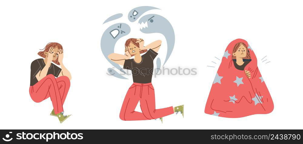 Fear, fright, depression mental problems. Girl character with introversion disorder hide under blanket, schizophrenia, neurological and psychological sickness, Linear cartoon flat vector illustration. Fear, fright, depression mental mind problems