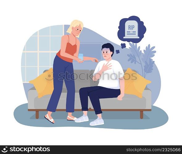 Fear of death 2D vector isolated illustration. Man has panic attack flat characters on cartoon background. Reassuring woman colourful scene for mobile, website, presentation. Bebas Neue font used.. Fear of death 2D vector isolated illustration