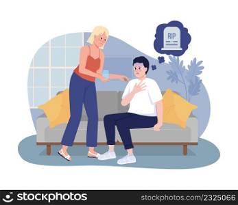 Fear of death 2D vector isolated illustration. Man has panic attack flat characters on cartoon background. Reassuring woman colourful scene for mobile, website, presentation. Bebas Neue font used.. Fear of death 2D vector isolated illustration