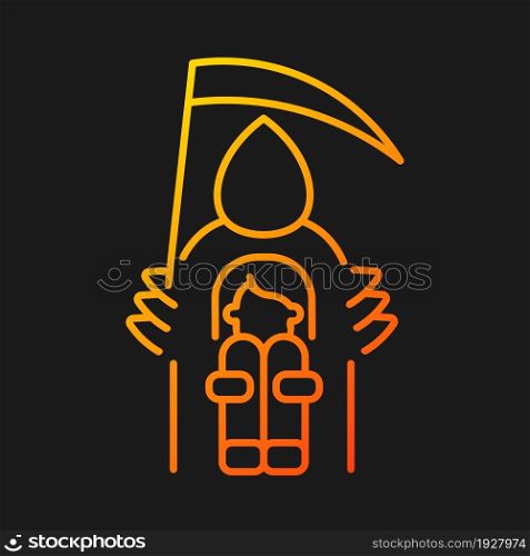 Fear of death gradient vector icon for dark theme. Thanatophobia. Intense and irrational fear of dying. Awe of loss. Thin line color symbol. Modern style pictogram. Vector isolated outline drawing. Fear of death gradient vector icon for dark theme