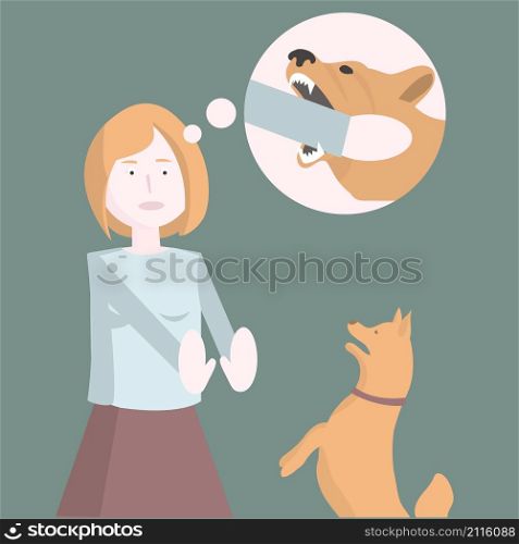 Fear of dogs. The girl is afraid of the dog. Vector illustration.. Fear of dogs. The girl is afraid of the dog.