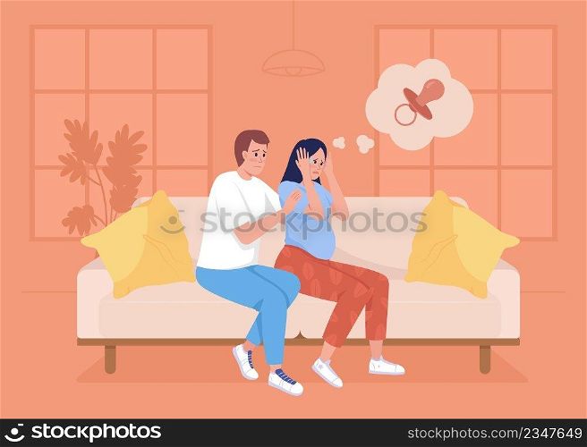 Fear of pregnancy flat color vector illustration. Expecting baby anxiety. Reassuring husband. Mental health. Woman has panic attack 2D simple cartoon characters with living room on background. Fear of pregnancy flat color vector illustration