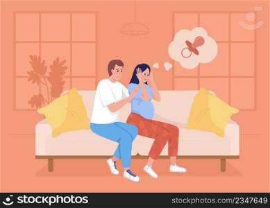 Fear of pregnancy flat color vector illustration. Expecting baby anxiety. Reassuring husband. Mental health. Woman has panic attack 2D simple cartoon characters with living room on background. Fear of pregnancy flat color vector illustration