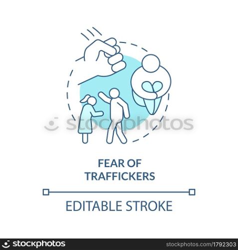 Fear of traffickers blue concept icon. Mental and emotional weakness abstract idea thin line illustration. Aftermath of violent treatment. Vector isolated outline color drawing. Editable stroke. Fear of traffickers blue concept icon