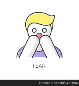 Fear RGB color icon. Human phobia. Panic attack. Anxiety disorder. Afraid of threat. Stress and mental health issue. Screaming facial expression. Psychological therapy. Isolated vector illustration. Fear RGB color icon