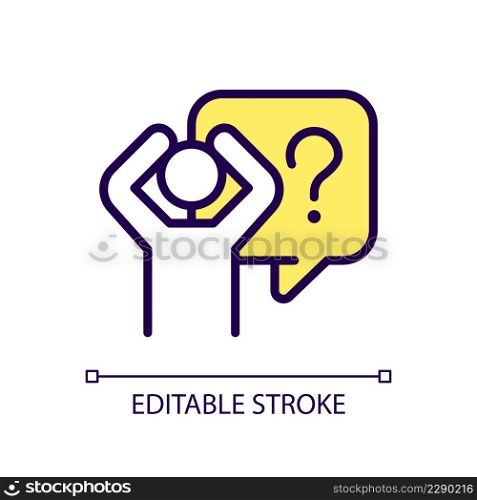 Fear RGB color icon. Scared person with difficult question. Depression and mental disorder. Isolated vector illustration. Simple filled line drawing. Editable stroke. Arial font used. Fear RGB color icon