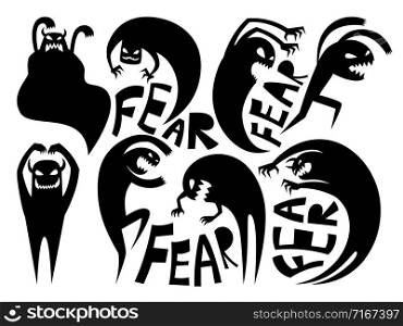 Fear silhouettes. Anxiety and disorder icons, conflicting and attack signs, dark demon or evil night devil vector illustration isolated. Fear silhouettes icons