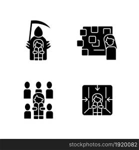 Fears and phobias black glyph icons set on white space. Fear of crowd and death. Depersonalization due to awe. Panic attack and mental disorder. Silhouette symbols. Vector isolated illustration. Fears and phobias black glyph icons set on white space