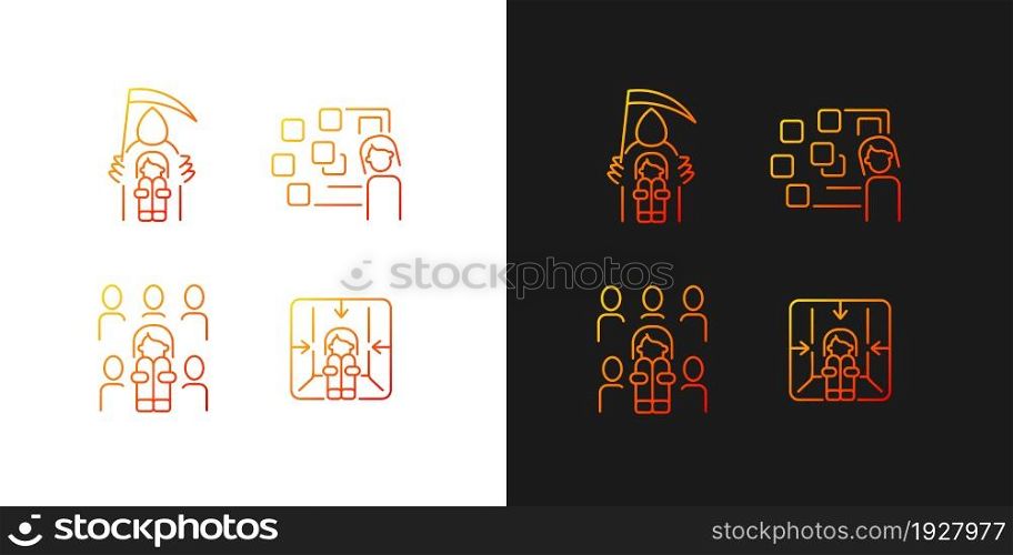 Fears and phobias gradient icons set for dark and light mode. Fear of crowd, death. Panic attack. Thin line contour symbols bundle. Isolated vector outline illustrations collection on black and white. Fears and phobias gradient icons set for dark and light mode