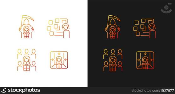 Fears and phobias gradient icons set for dark and light mode. Fear of crowd, death. Panic attack. Thin line contour symbols bundle. Isolated vector outline illustrations collection on black and white. Fears and phobias gradient icons set for dark and light mode