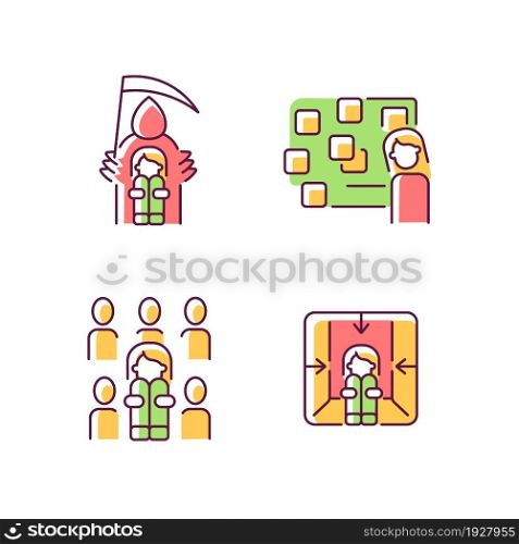 Fears and phobias RGB color icons set. Fear of crowd and death. Depersonalization due to awe. Panic attack and mental disorder. Isolated vector illustrations. Simple filled line drawings collection. Fears and phobias RGB color icons set