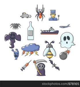Fears phobias icons set. Cartoon illustration of 16 fears phobias vector icons for web. Fears phobias icons set, cartoon style