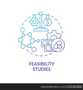 Feasibility studies blue gradient concept icon. Information analyzing. Type of clinical trials abstract idea thin line illustration. Isolated outline drawing. Myriad Pro-Bold font used. Feasibility studies blue gradient concept icon