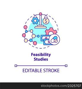Feasibility studies concept icon. Information analyzing. Type of clinical trials abstract idea thin line illustration. Isolated outline drawing. Editable stroke. Arial, Myriad Pro-Bold fonts used. Feasibility studies concept icon