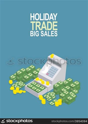 Feast day of trade. Open ticket office with a lot of money. Seller box to store cash. Vector illustration&#xA;