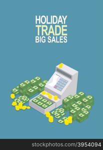 Feast day of trade. Open ticket office with a lot of money. Seller box to store cash. Vector illustration&#xA;