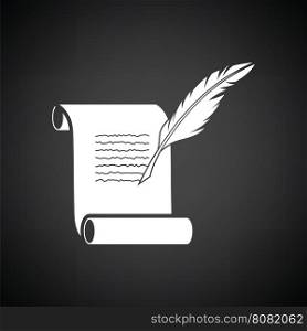 Feather and scroll icon. Black background with white. Vector illustration.
