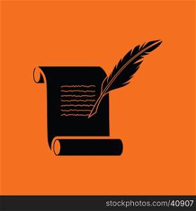 Feather and scroll icon. Orange background with black. Vector illustration.