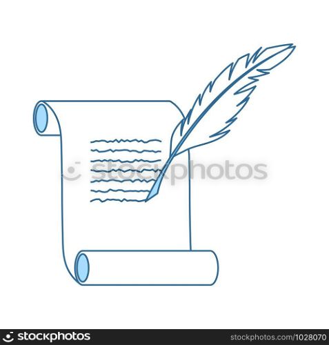 Feather And Scroll Icon. Thin Line With Blue Fill Design. Vector Illustration.