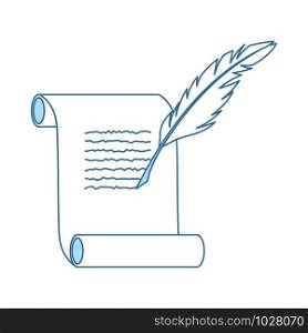 Feather And Scroll Icon. Thin Line With Blue Fill Design. Vector Illustration.